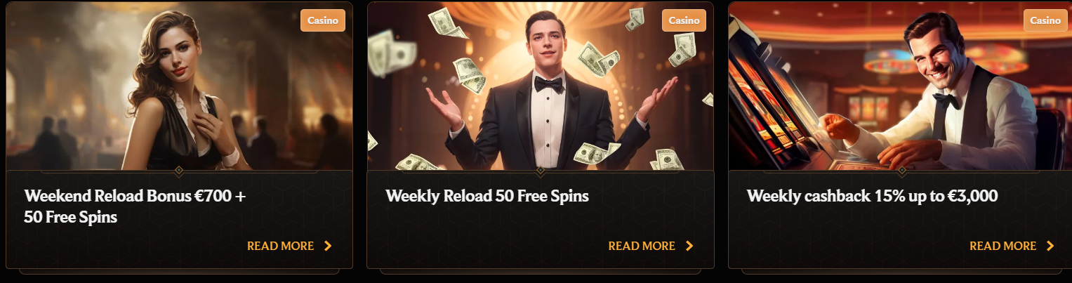 Online casino bonus offers featuring a weekend reload bonus, weekly free spins, and 15% cashback up to €3,000 for active players.