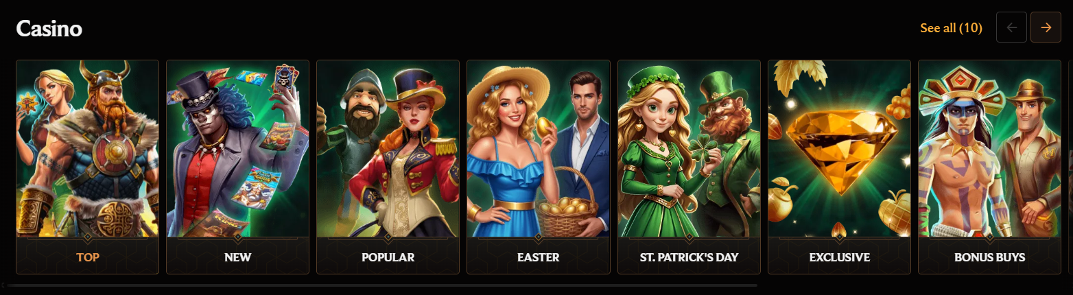 Casino game categories carousel showing top, new, popular, Easter, St. Patrick’s Day, exclusive, and bonus buy slot collections with themed artwork and characters.