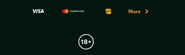 Casino footer with Visa, Mastercard, and Jeton payment options, a “More” link, and an 18+ age restriction badge on a dark green background.