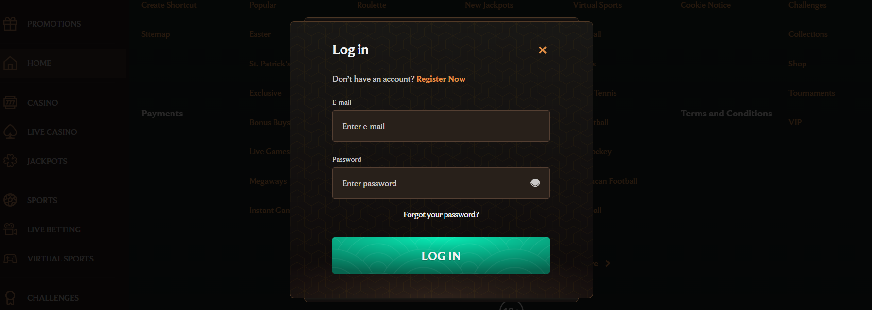 Online casino login popup with secure email and password fields, registration option, and fast access to real money casino games.